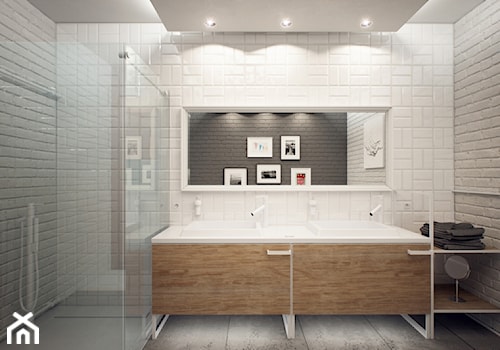 Minimalistyczna łazienka od Luxum - Średnia na poddaszu bez okna z dwoma umywalkami łazienka, styl minimalistyczny - zdjęcie od Luxum