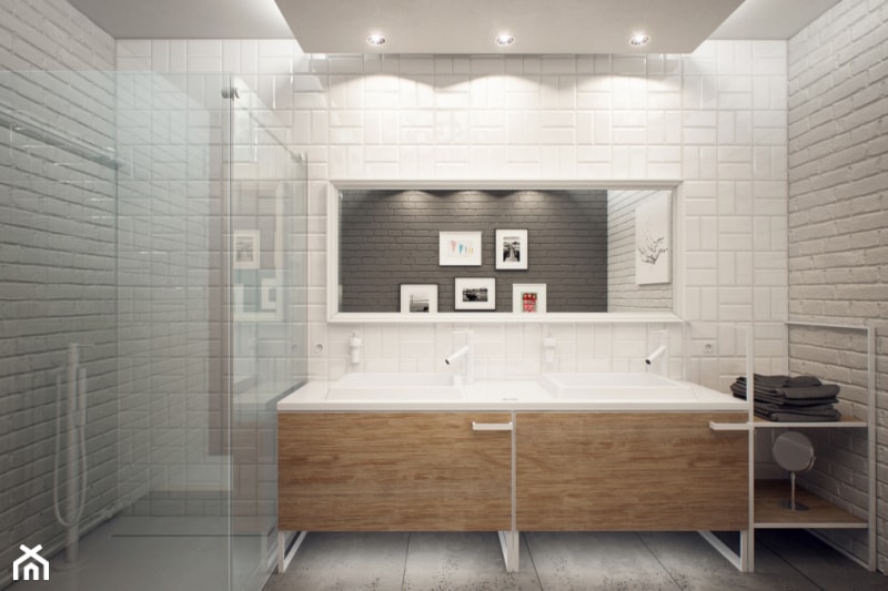 Minimalistyczna łazienka od Luxum - Średnia na poddaszu bez okna z dwoma umywalkami łazienka, styl minimalistyczny - zdjęcie od Luxum - Homebook