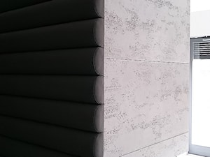 Nowoczesne wnętrza z kominkiem obłożonym betonem architektonicznym bez szkodliwych sztucznych włókien, o wysokich walorach estetycznych i doskonałych parametrach technicznych. - zdjęcie od Luxum