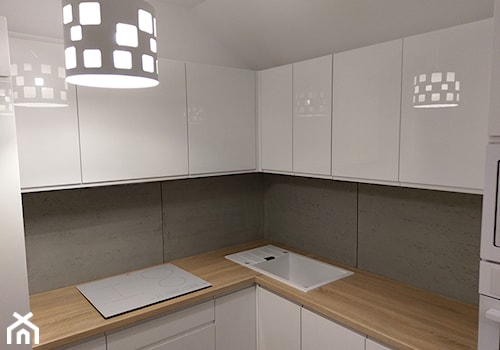 Beton architektoniczny jako okładzina w kuchni - Mała zamknięta czarna szara z zabudowaną lodówką z nablatowym zlewozmywakiem kuchnia w kształcie litery l, styl skandynawski - zdjęcie od Luxum