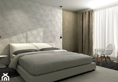Panele dekoracyjne MDF 3D - Średnia beżowa biała z panelami tapicerowanymi sypialnia z balkonem / tarasem, styl nowoczesny - zdjęcie od Luxum
