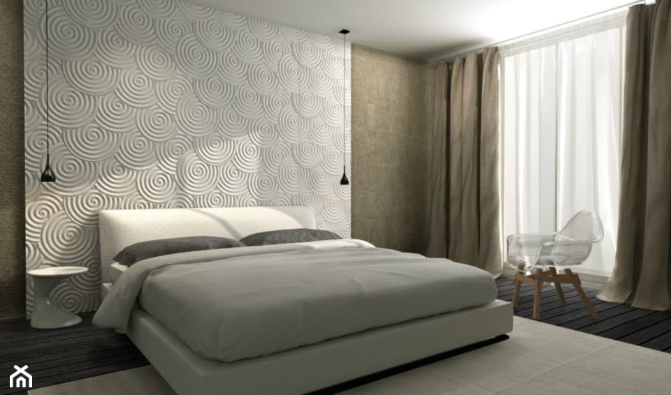 Panele dekoracyjne MDF 3D - Średnia beżowa biała z panelami tapicerowanymi sypialnia z balkonem / tarasem, styl nowoczesny - zdjęcie od Luxum - Homebook