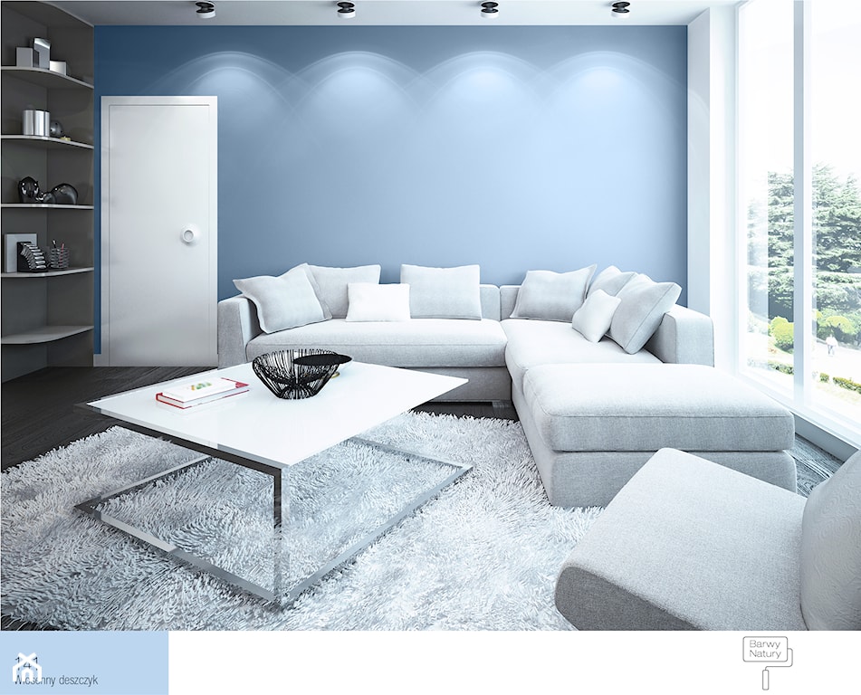 minimalistyczny salon z błękitnymi ścianami