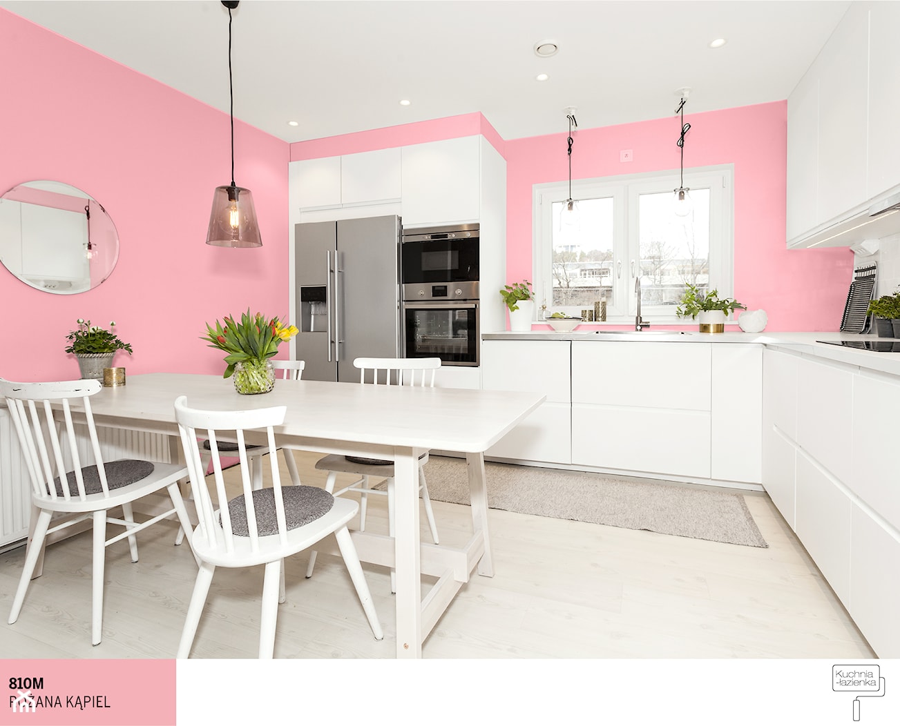 Aranżacje - Średnia otwarta z salonem biała różowa z zabudowaną lodówką z lodówką wolnostojącą z nablatowym zlewozmywakiem kuchnia w kształcie litery l z oknem - zdjęcie od Śnieżka - Homebook