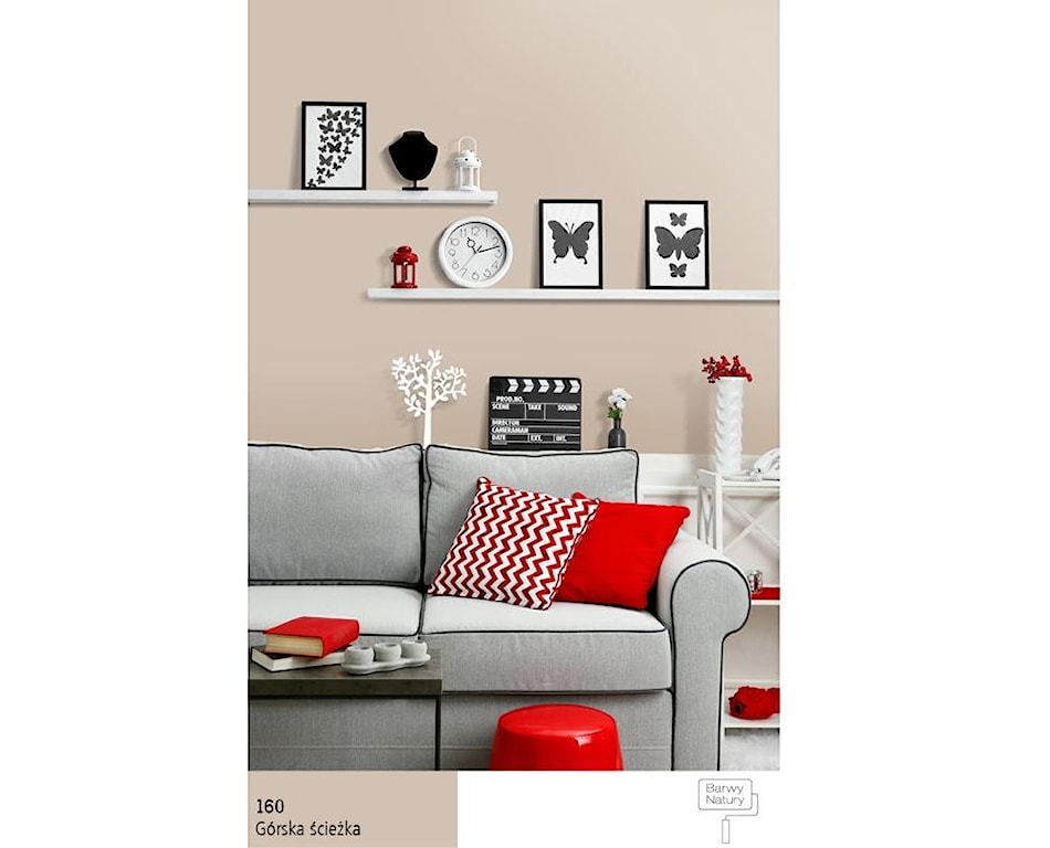 szara sofa, czerwona poduszka, beżowa sofa, biały zegar, czarny stolik