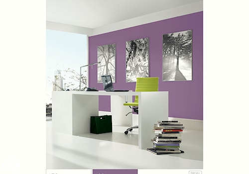 Aranżacje - Średnie z zabudowanym biurkiem białe fioletowe biuro - zdjęcie od Śnieżka