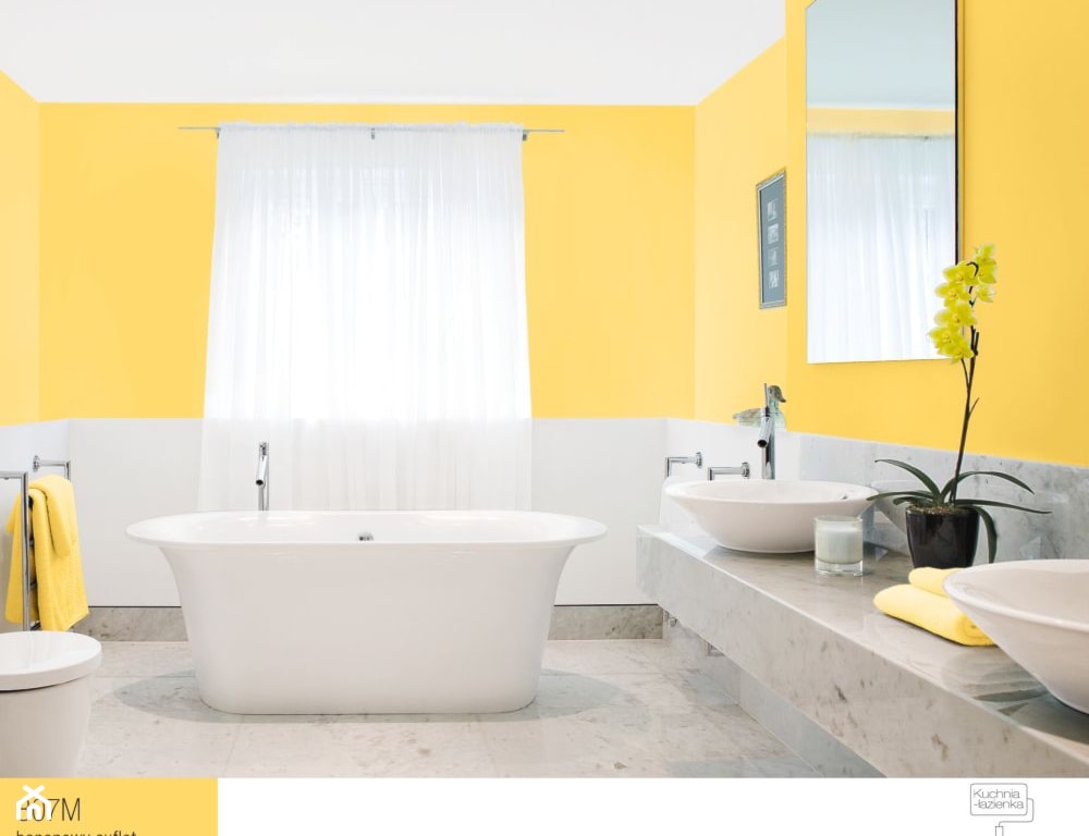 kolorowa łazienka, żółta ściana w łazience, żółta łazienka