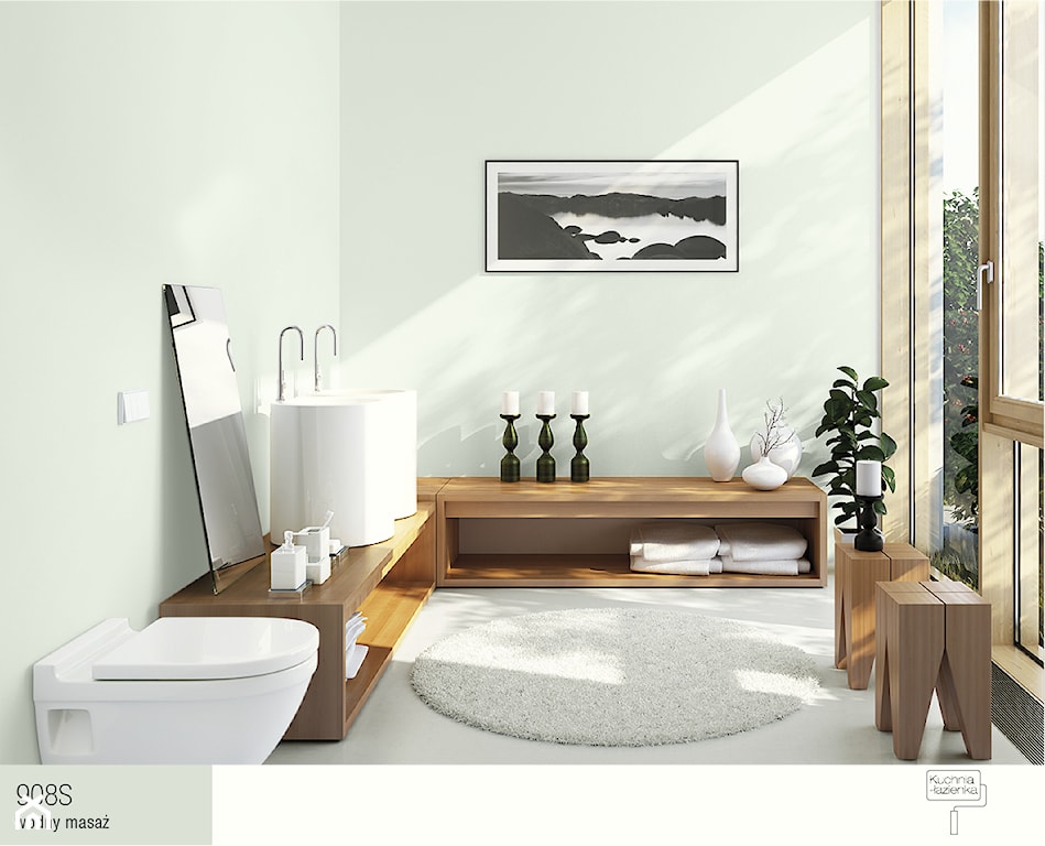 biało-czarne zdjęcie na ścianie w łazience, okrągły dywanik, drewniane szafki łazienkowe