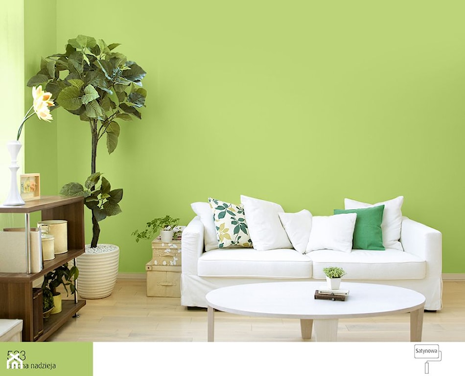 zielona ściana, salon w stylu minimalistycznym, biała sofa w salonie, biała kanapa
