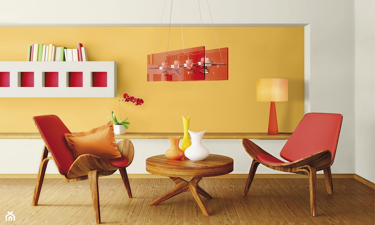 żółty salon, żółta wnęka, słoneczny salon, kolorowe ściany