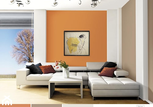 Salon w jesiennej tonacji. - Mały biały pomarańczowy szary salon, styl nowoczesny - zdjęcie od Śnieżka