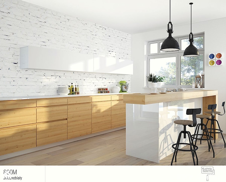 Aranżacje - Duża otwarta z salonem biała kuchnia w kształcie litery u jednorzędowa z oknem, styl skandynawski - zdjęcie od Śnieżka