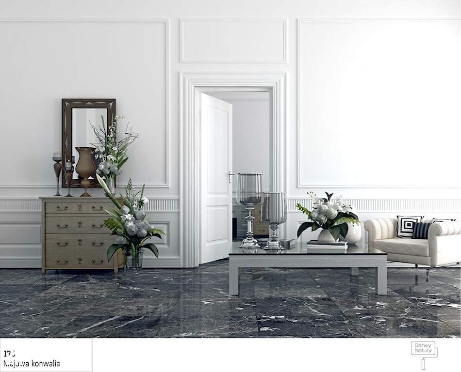 salon w stylu klasycznym, granitowa podłoga, niski pikowany fotel, biel majowa konwalia