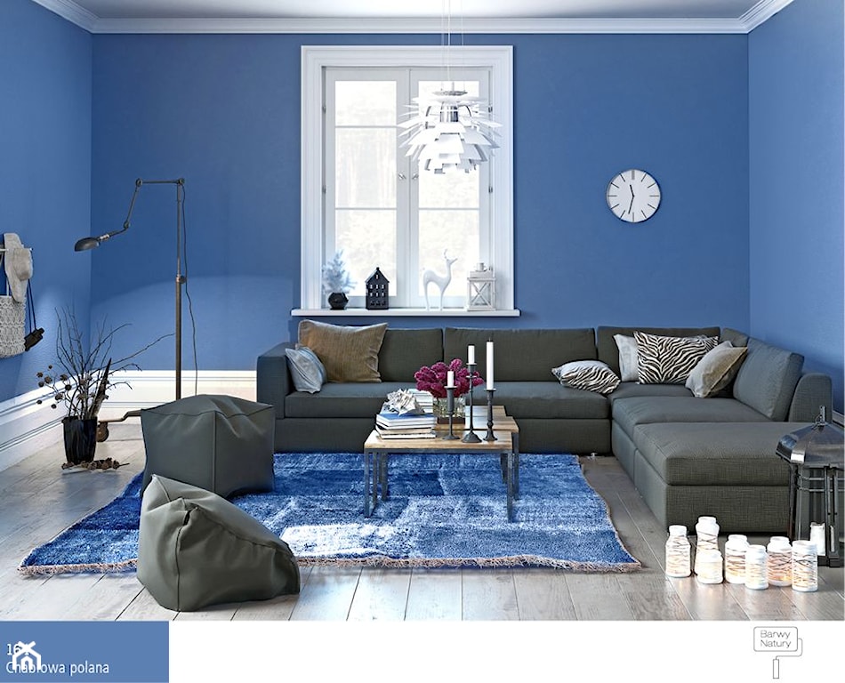 salon w stylu boho, niebieskie ściany, szary narożnik, farba chabrowa polana