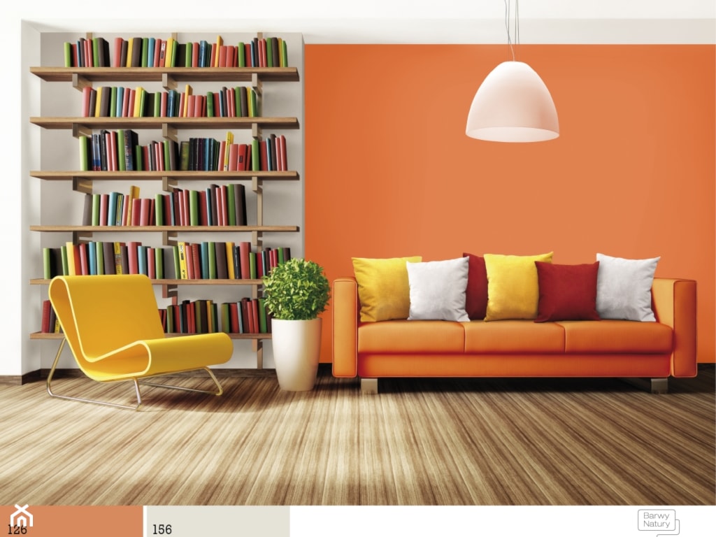 pomarańczowa ściana, pomarańczowy salon, kolorowy salon, kolorowe ściany, soczyste kolory w salonie