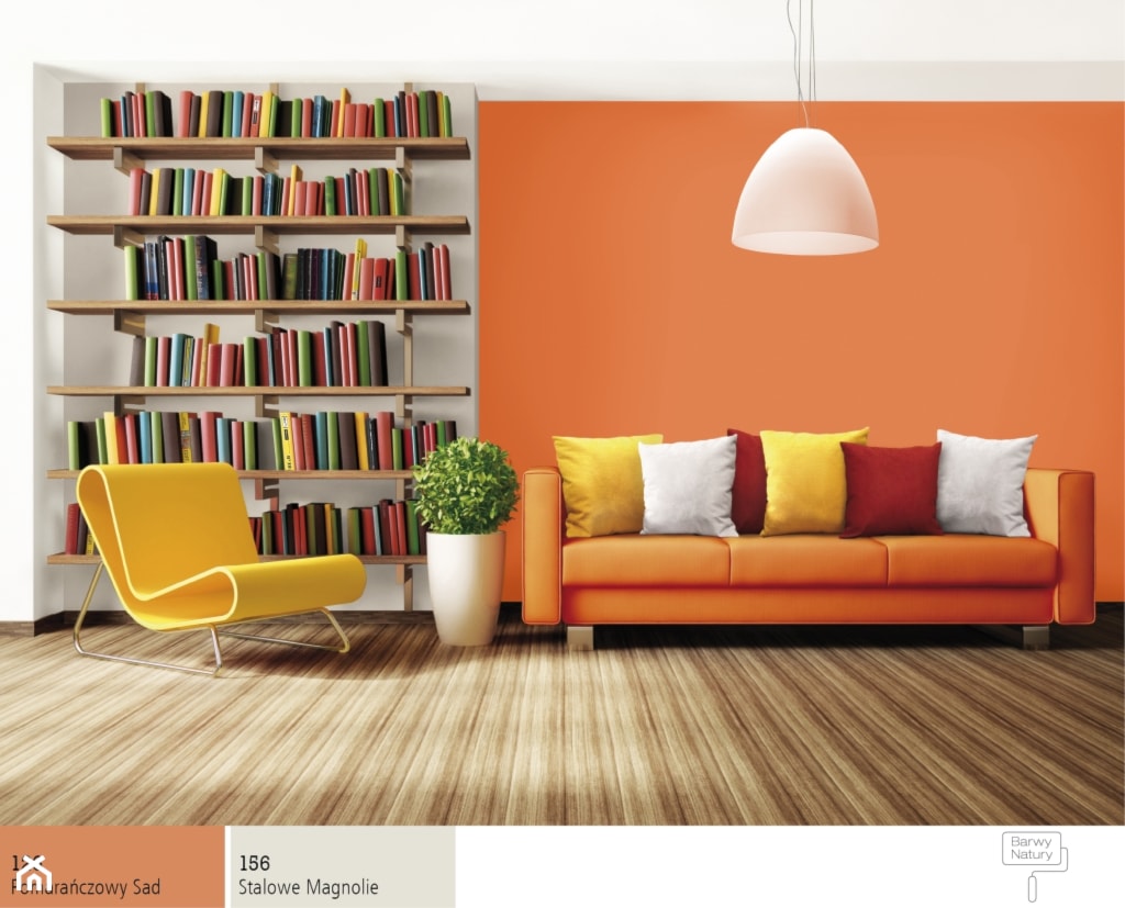 Salon w jesiennej tonacji. - Biały pomarańczowy salon z bibiloteczką, styl nowoczesny - zdjęcie od Śnieżka - Homebook