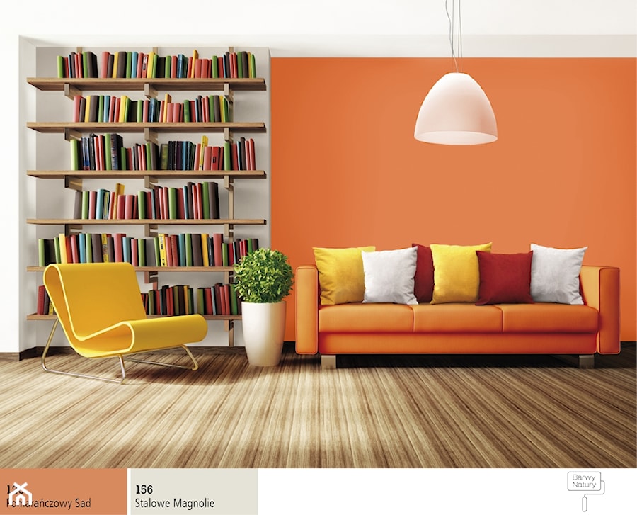 Salon w jesiennej tonacji. - Biały pomarańczowy salon z bibiloteczką, styl nowoczesny - zdjęcie od Śnieżka