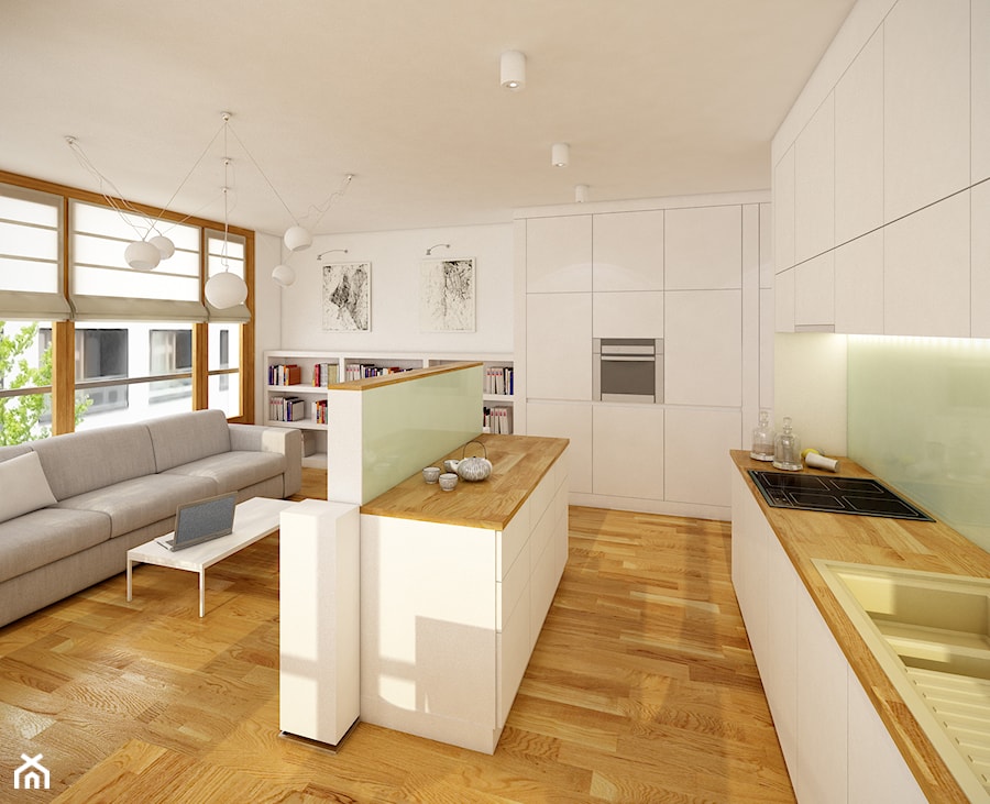 Biały Żoloborz - Duża otwarta z salonem z zabudowaną lodówką kuchnia w kształcie litery l z wyspą lub półwyspem, styl nowoczesny - zdjęcie od Domsy