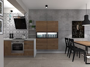 Mała kuchnia - warianty klorystyczne - Średnia otwarta z kamiennym blatem szara z zabudowaną lodówką kuchnia w kształcie litery l, styl industrialny - zdjęcie od Pro Archi Design - studio projektowania wnętrz