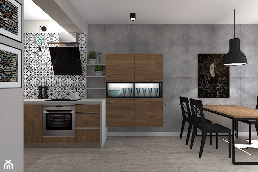 Mała kuchnia - warianty klorystyczne - Średnia otwarta z kamiennym blatem szara z zabudowaną lodówką kuchnia w kształcie litery l, styl industrialny - zdjęcie od Pro Archi Design - studio projektowania wnętrz