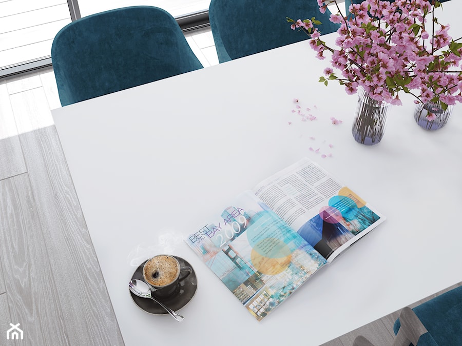 White Cherry projekt przestrzeni dziennej z kuchnią w domu wolnostojącym - Jadalnia, styl minimalistyczny - zdjęcie od NONOVIZ STUDIO