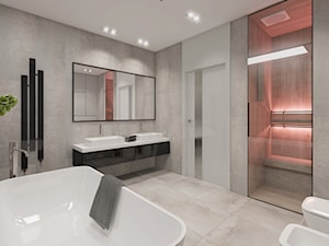 Projekt domu jendorodzinnego 120m2 - Średnia bez okna z lustrem z dwoma umywalkami z punktowym oświetleniem łazienka, styl minimalistyczny - zdjęcie od NONOVIZ STUDIO