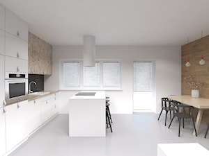 mieszkanie PZ - Średnia otwarta z kamiennym blatem biała czarna z zabudowaną lodówką z nablatowym zlewozmywakiem kuchnia dwurzędowa z oknem, styl nowoczesny - zdjęcie od Agnieszka Lisek architekt wnętrz