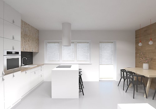 mieszkanie PZ - Średnia otwarta z kamiennym blatem biała czarna z zabudowaną lodówką z nablatowym zlewozmywakiem kuchnia dwurzędowa z oknem, styl nowoczesny - zdjęcie od Agnieszka Lisek architekt wnętrz