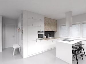 mieszkanie PZ - Średnia otwarta biała czarna z zabudowaną lodówką z nablatowym zlewozmywakiem kuchnia jednorzędowa z wyspą lub półwyspem z oknem, styl nowoczesny - zdjęcie od Agnieszka Lisek architekt wnętrz