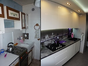 METAMORFOZA MIESZKANIA - Mała otwarta biała szara z zabudowaną lodówką z nablatowym zlewozmywakiem kuchnia jednorzędowa, styl nowoczesny - zdjęcie od ATELIER