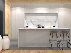 Projekt Mieszkania 134m2 | Ursynów - Otwarta z kamiennym blatem szara z zabudowaną lodówką z podblatowym zlewozmywakiem kuchnia jednorzędowa z wyspą lub półwyspem z marmurem nad blatem kuchennym, styl nowoczesny - zdjęcie od FRAMUGA studio