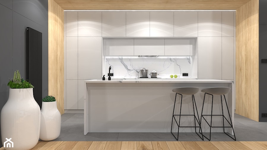 Projekt Mieszkania 134m2 | Ursynów - Otwarta z kamiennym blatem szara z zabudowaną lodówką z podblatowym zlewozmywakiem kuchnia jednorzędowa z wyspą lub półwyspem z marmurem nad blatem kuchennym, styl nowoczesny - zdjęcie od FRAMUGA studio