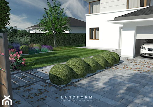 STONE & WOOD - Średni z nawierzchnią pokrytą kostką brukową ogród przed domem, styl nowoczesny - zdjęcie od Landform