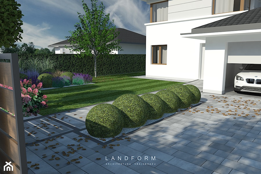 STONE & WOOD - Średni z nawierzchnią pokrytą kostką brukową ogród przed domem, styl nowoczesny - zdjęcie od Landform