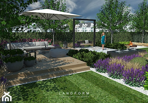 STONE & WOOD - Średni z meblami ogrodowymi taras z tyłu domu, styl nowoczesny - zdjęcie od Landform