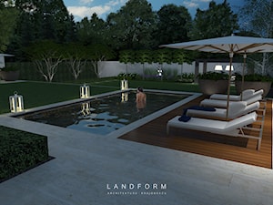 TWO LEVELS - Duży ogród za domem z parasolem z basenem, styl nowoczesny - zdjęcie od Landform