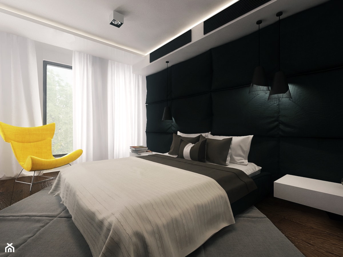 Daszyńskiego - Średnia biała czarna z panelami tapicerowanymi sypialnia, styl minimalistyczny - zdjęcie od KONZEPT Architekci - Homebook
