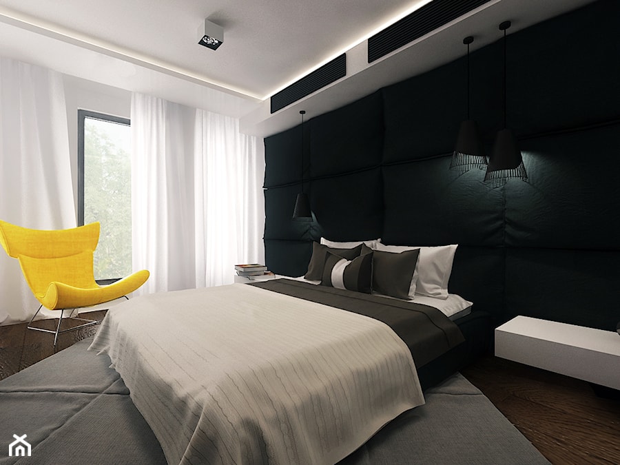 Daszyńskiego - Średnia biała czarna z panelami tapicerowanymi sypialnia, styl minimalistyczny - zdjęcie od KONZEPT Architekci