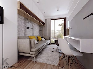 Grzegórzecka - Średnie z sofą z zabudowanym biurkiem białe szare biuro, styl minimalistyczny - zdjęcie od KONZEPT Architekci