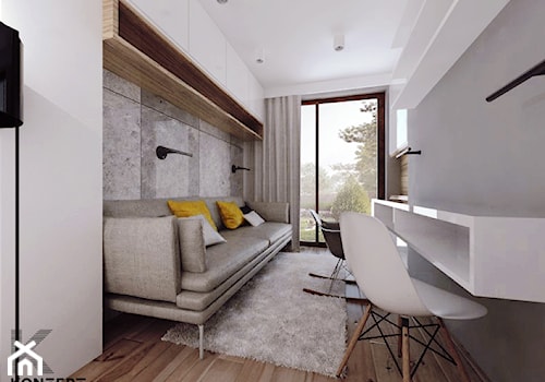 Grzegórzecka - Średnie z sofą z zabudowanym biurkiem białe szare biuro, styl minimalistyczny - zdjęcie od KONZEPT Architekci