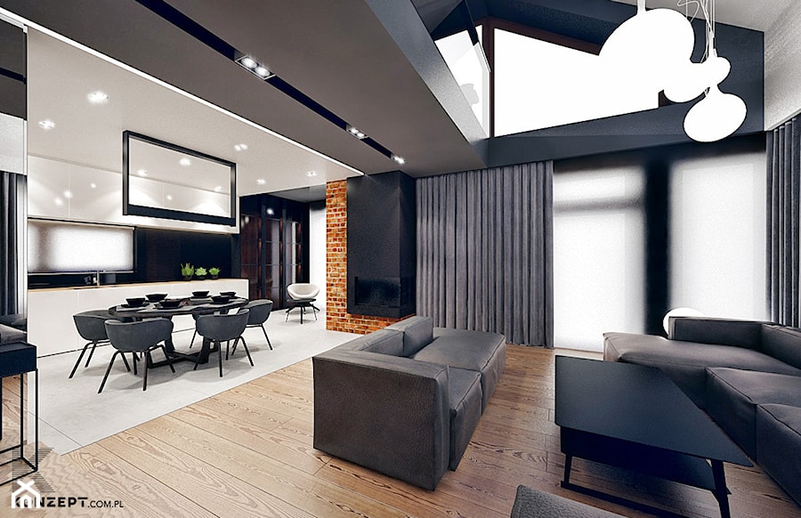 Masłomiąca - Duży salon z kuchnią z jadalnią, styl minimalistyczny - zdjęcie od KONZEPT Architekci