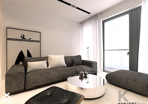 Pilotów - Średni biały salon z tarasem / balkonem, styl minimalistyczny - zdjęcie od KONZEPT Architekci