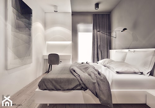 Plac Bohaterów Getta - Średnia biała szara z biurkiem sypialnia, styl minimalistyczny - zdjęcie od KONZEPT Architekci