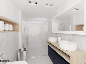 Stolarska II - Mała na poddaszu bez okna z lustrem z dwoma umywalkami z marmurową podłogą łazienka, styl tradycyjny - zdjęcie od KONZEPT Architekci