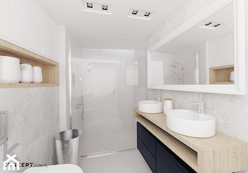 Stolarska II - Mała na poddaszu bez okna z lustrem z dwoma umywalkami z marmurową podłogą łazienka, styl tradycyjny - zdjęcie od KONZEPT Architekci