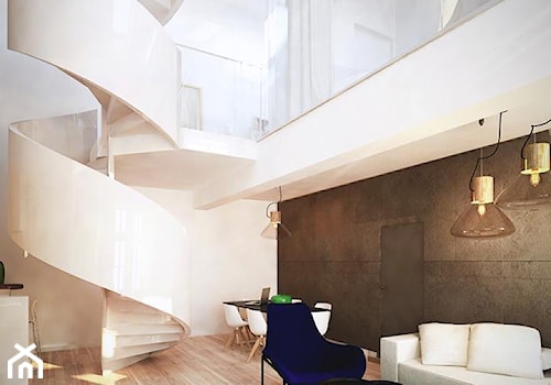 Stolarska II - Średni beżowy salon z antresolą, styl minimalistyczny - zdjęcie od KONZEPT Architekci