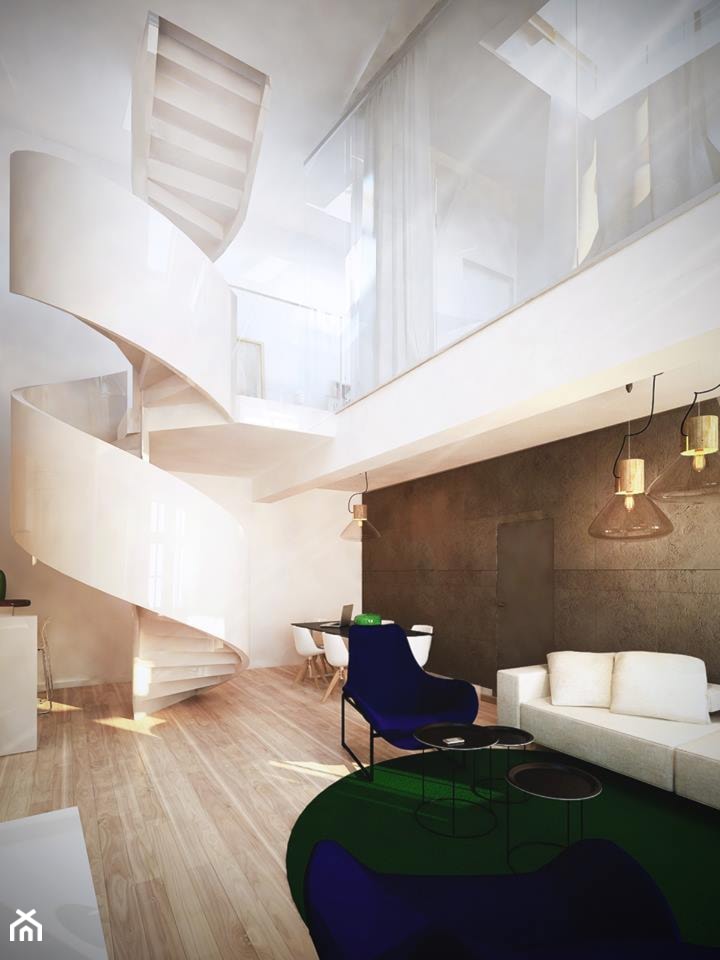 Stolarska II - Średni beżowy salon z antresolą, styl minimalistyczny - zdjęcie od KONZEPT Architekci - Homebook
