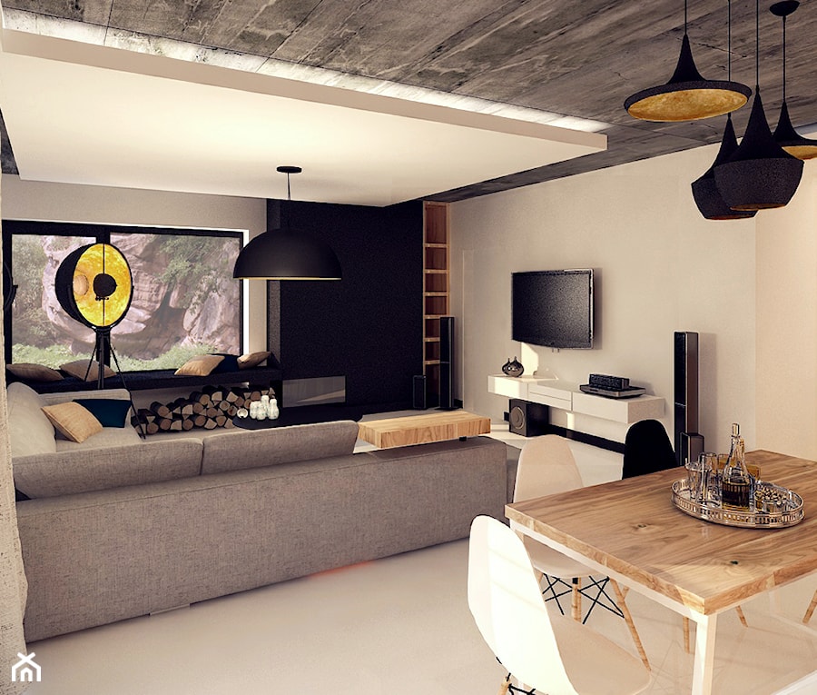 Dom w Skale - Średni biały czarny salon z jadalnią, styl minimalistyczny - zdjęcie od KONZEPT Architekci
