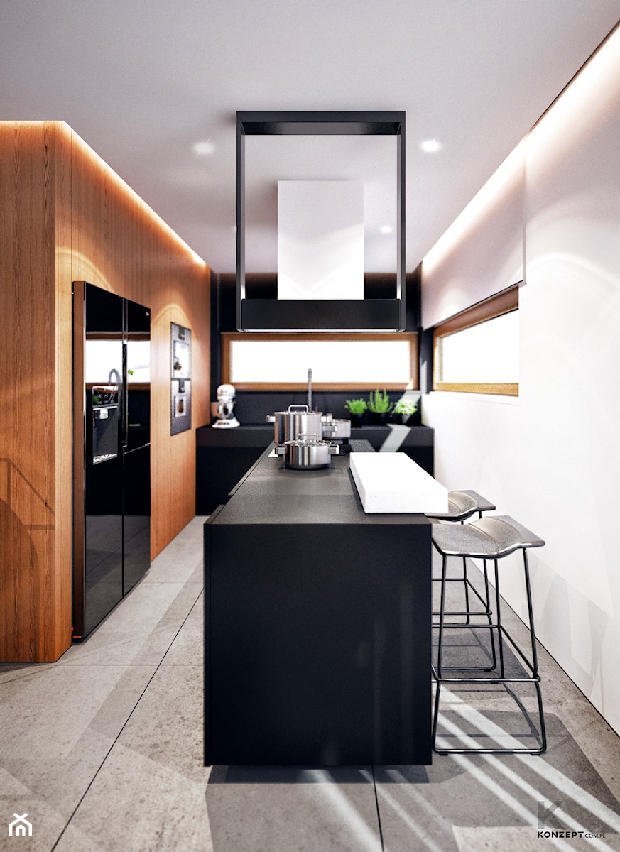 Wieliczka - Duża otwarta biała czarna z zabudowaną lodówką z lodówką wolnostojącą kuchnia w kształcie litery l z wyspą lub półwyspem z oknem, styl nowoczesny - zdjęcie od KONZEPT Architekci