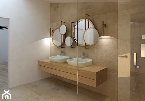 Stolarska II - Duża na poddaszu jako pokój kąpielowy z dwoma umywalkami z punktowym oświetleniem łazienka z oknem, styl minimalistyczny - zdjęcie od KONZEPT Architekci